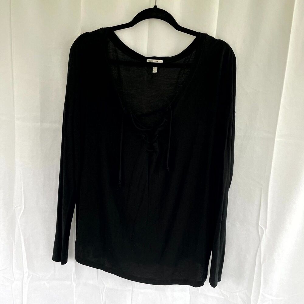 PINK by Victoria's Secret Super Soft Black Lace Up V Neck Long Sleeve‎ Top L